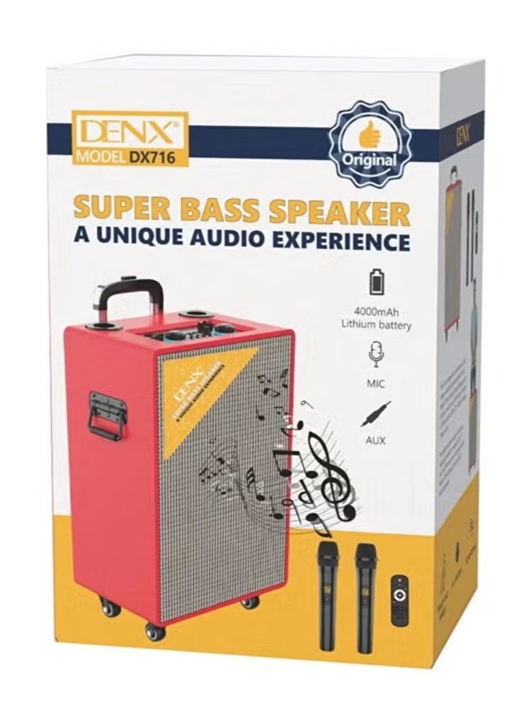 Denx DX716 Portable Bluetooth Party Speaker with Super Bass, 4000mAh Rechargeable Battery, Wireless Karaoke, Microphone Input, AUX, Remote Control & Trolley Design, Portable Music Speaker for Parties & Events - Image 2