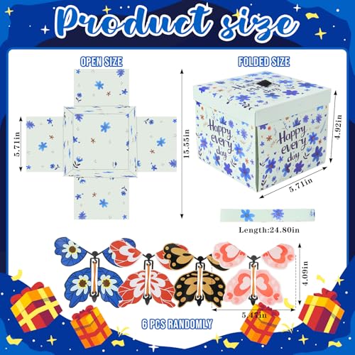 Blinket Flying Butterfly Explosion Gift Box with 6 Pcs Flying Butterflies, Surprise Birthday Gift Box with Butterfly， Surprise Cake Boxes for Birthday, Anniversary, Wedding,Graduation Special Occasions Blue - Image 2