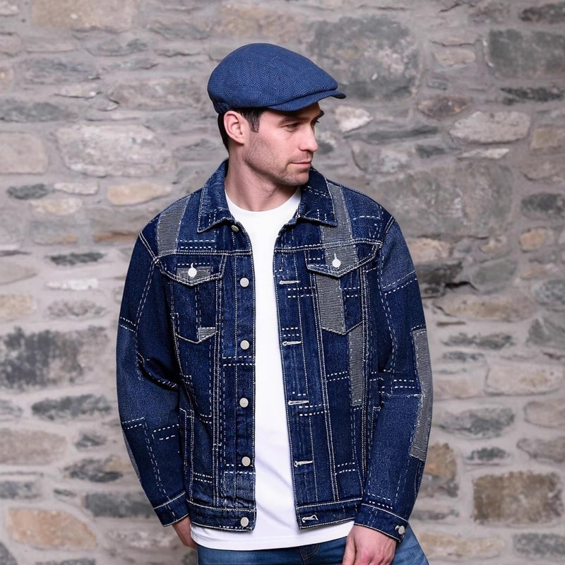 Men's Japanese Retro Patchwork Denim Jacket - Turn-down Collar Raglan Sleeve - Image 2