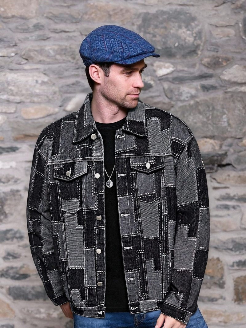 Men's Japanese Retro Patchwork Denim Jacket - Turn-down Collar Raglan Sleeve - Image 1