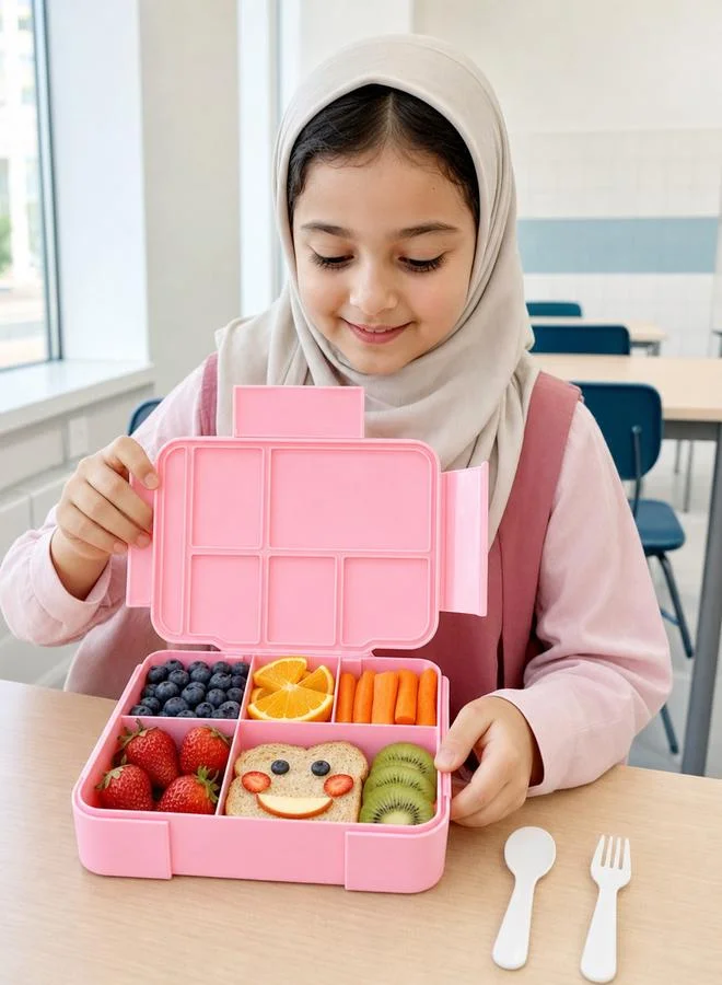 تايك تو Pink Multi-Compartment Lunch Box With Handle, Spoon And Fork