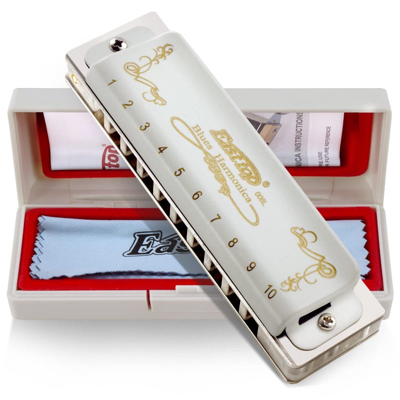 East top Blues Harmonica Key of C, 10 Holes Diatonic Blues Harp Mouth Organ Harmonica with White Cover, T008L Harmonica for Adults, Professionals and Students - Image 1