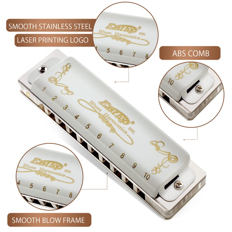 East top Blues Harmonica Key of C, 10 Holes Diatonic Blues Harp Mouth Organ Harmonica with White Cover, T008L Harmonica for Adults, Professionals and Students - Image 2