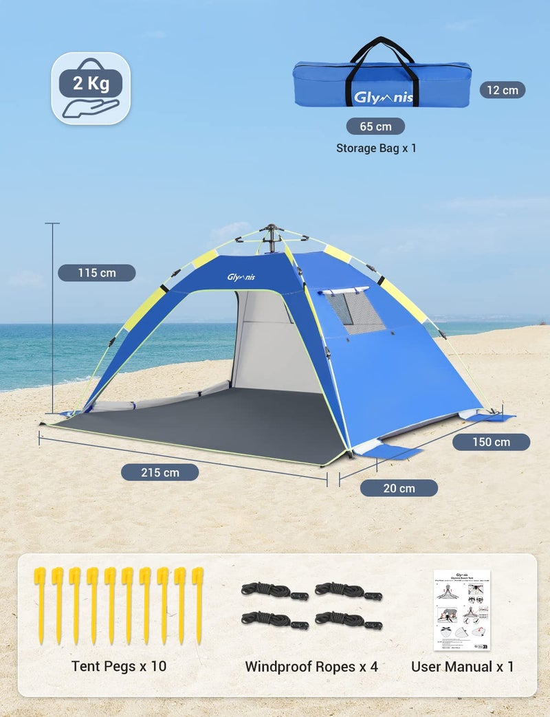 Glymnis Pop Up Beach Tent Sun Shade Shelter for 3-4 Person with UPF 50+, Lightweight & Easy Setup, Vent Windows & Zippered Door, Extended Floor Family Instant Beach Tent - Image 2