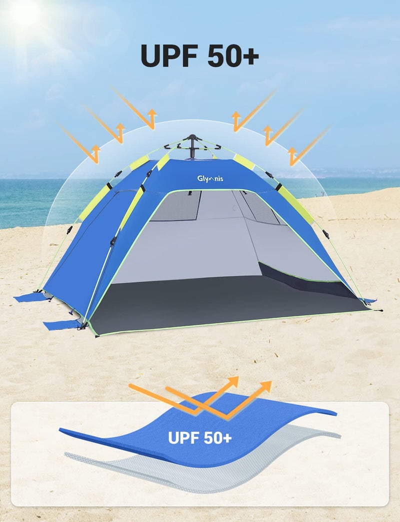 Glymnis Pop Up Beach Tent Sun Shade Shelter for 3-4 Person with UPF 50+, Lightweight & Easy Setup, Vent Windows & Zippered Door, Extended Floor Family Instant Beach Tent - Image 4