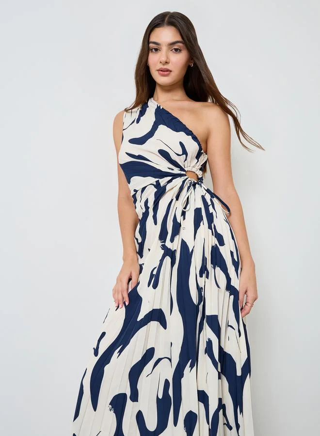 تايك تو Navy Blue One Sleeve Midi Dress with Ruched Detail