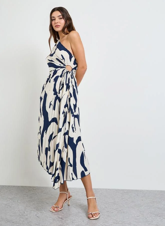 تايك تو Navy Blue One Sleeve Midi Dress with Ruched Detail