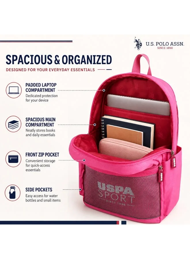 U.S. Polo Assn. U.S. Polo Assn. Classic Hot Pink Sport Mesh Pocket Backpack for School and Office MultiCompartment Bag for Campus