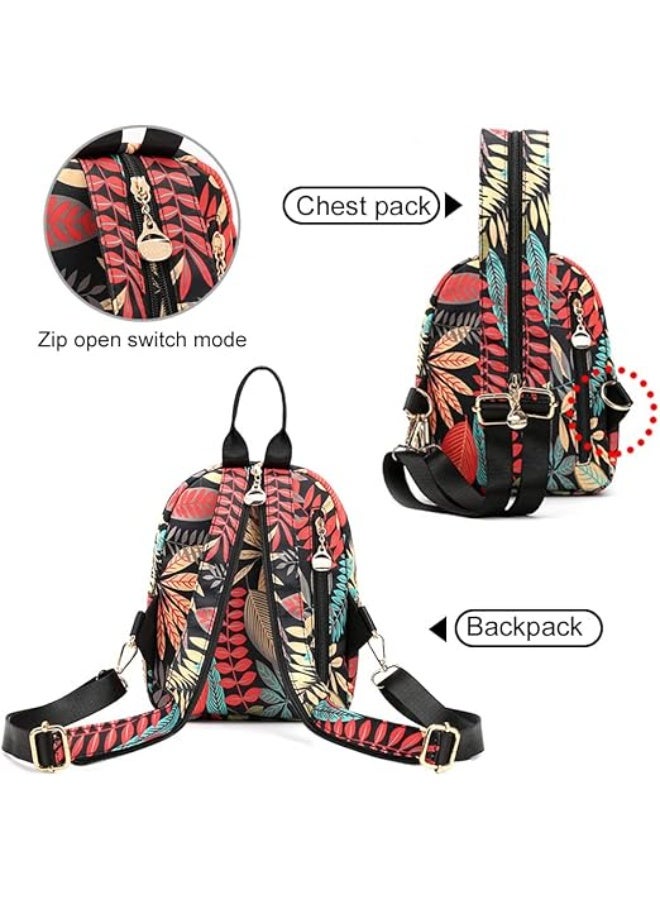 Gocokia Women's Print Triple-use Shoulder Bag Large Capacity Backpack Single Shoulder Bag Cross-body Bag Female Chest Bag(Leaf Black) - Image 4