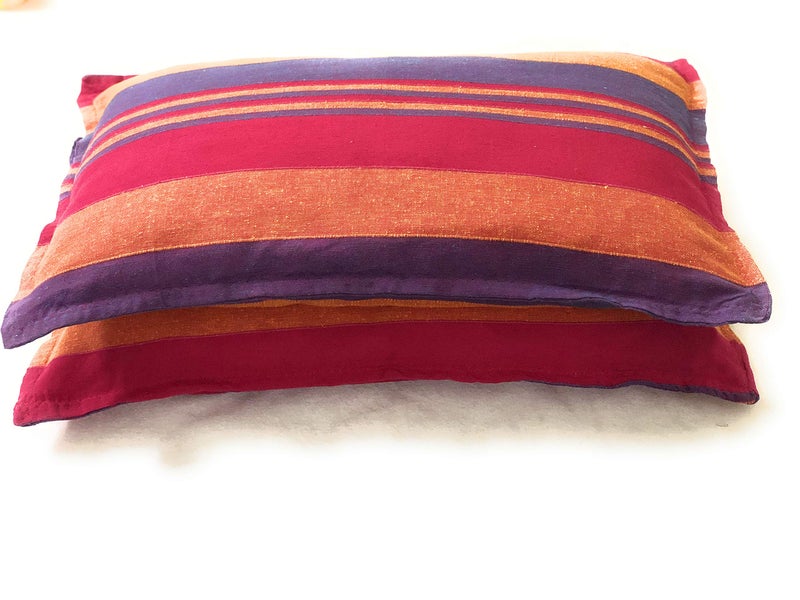 RANGBHAR Handloom Cotton Pillow Covers, Set of 2 Cotton Pillow Covers, Striped, 18 x 27 inch, Pink 250 - Image 1