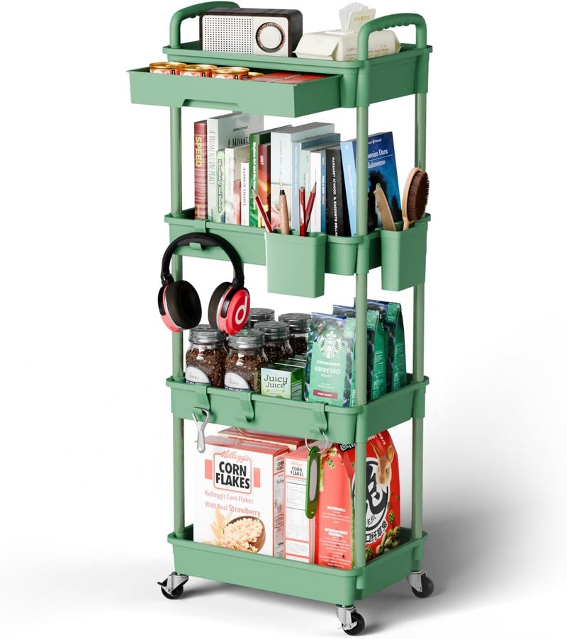 Sorgion 4 Tier Rolling Cart Organizer,Art Craft Diaper Bedside Snack Laundry Room Bathroom Organizer Narrow Thin Slim Rolling Trolley Utility Cart with Wheels for Kitchen,Office(Green) - Image 1