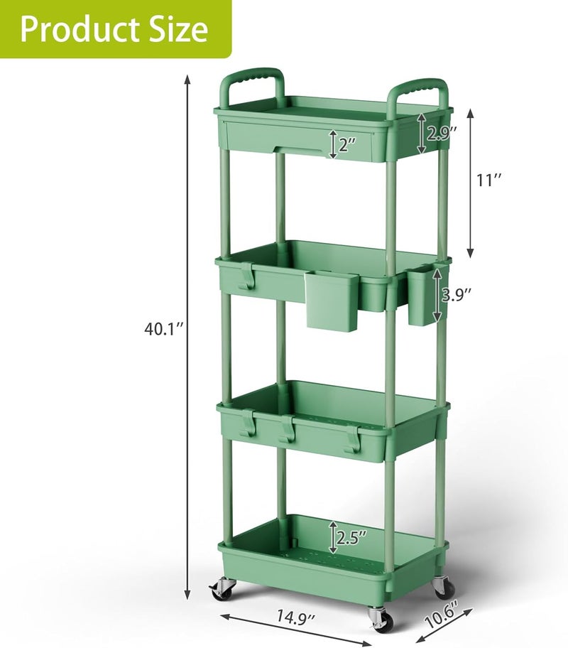 Sorgion 4 Tier Rolling Cart Organizer,Art Craft Diaper Bedside Snack Laundry Room Bathroom Organizer Narrow Thin Slim Rolling Trolley Utility Cart with Wheels for Kitchen,Office(Green) - Image 3
