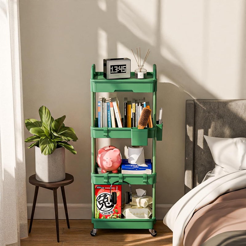 Sorgion 4 Tier Rolling Cart Organizer,Art Craft Diaper Bedside Snack Laundry Room Bathroom Organizer Narrow Thin Slim Rolling Trolley Utility Cart with Wheels for Kitchen,Office(Green) - Image 2