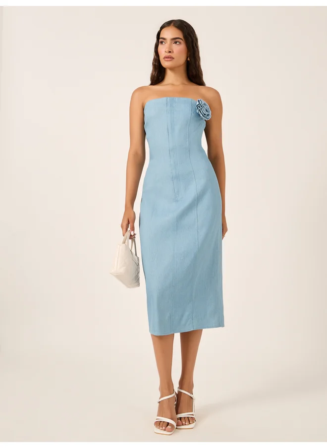ستايلي Styli Plain Strapless Sheath Midi Dress with Corsage Detail