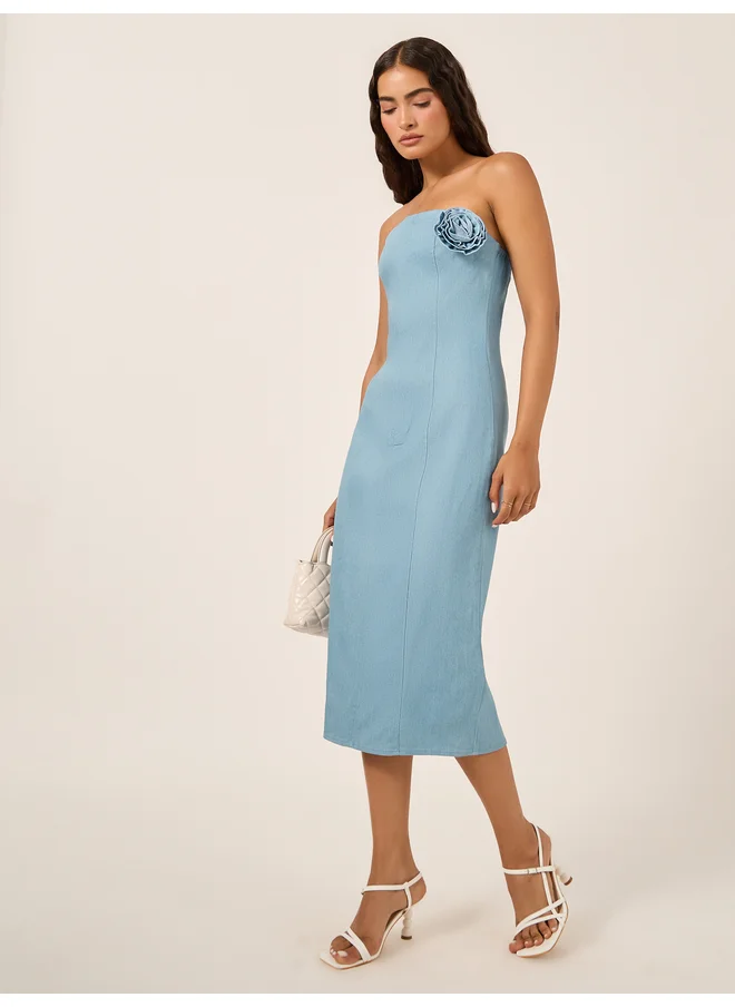 ستايلي Styli Plain Strapless Sheath Midi Dress with Corsage Detail