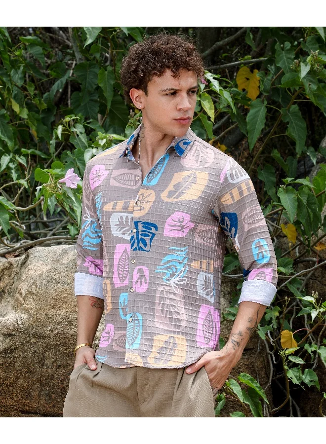 CAHOOT  Men's Camel Beige Foliage Imprint Shirt For Casual Wear | Spread Collar | Long Sleeve | Button Closure | Shirt Crafted With Comfort Fit For Everyday Wear for Men | Best Price UAE