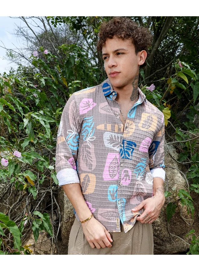 CAHOOT  Men's Camel Beige Foliage Imprint Shirt For Casual Wear | Spread Collar | Long Sleeve | Button Closure | Shirt Crafted With Comfort Fit For Everyday Wear for Men | Best Price UAE