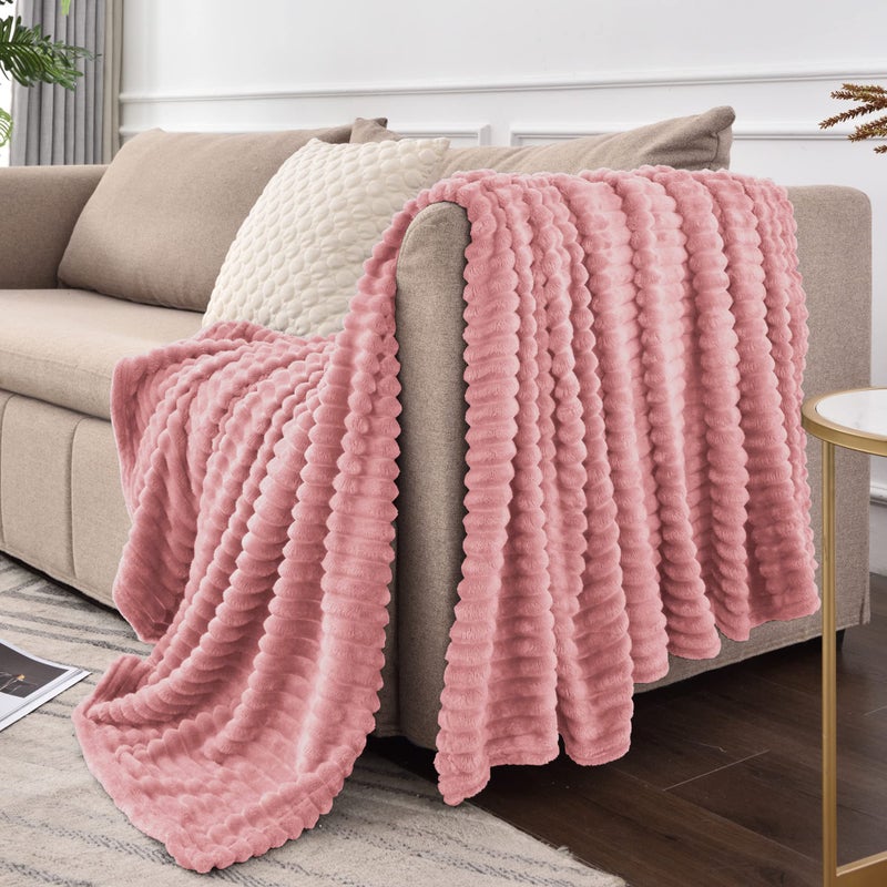 BEDELITE Fleece Throw Blanket for Couch - 3D Ribbed Jacquard Soft and Warm Decorative Spring Blankets - Cozy  Fuzzy  Fluffy  Plush Lightweight Pink Throw Blankets for Bed  Sofa  50x60 inches - Image 4