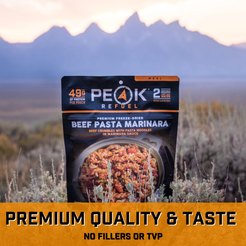 Peak Refuel Beef Pasta Marinara | 49g Protein | 1040 Calories | 100% Real Meat | Premium Freeze Dried Backpacking & Camping Food | 2 Servings | Ideal MRE Survival Meal (2 Serving Pouch) - Image 3