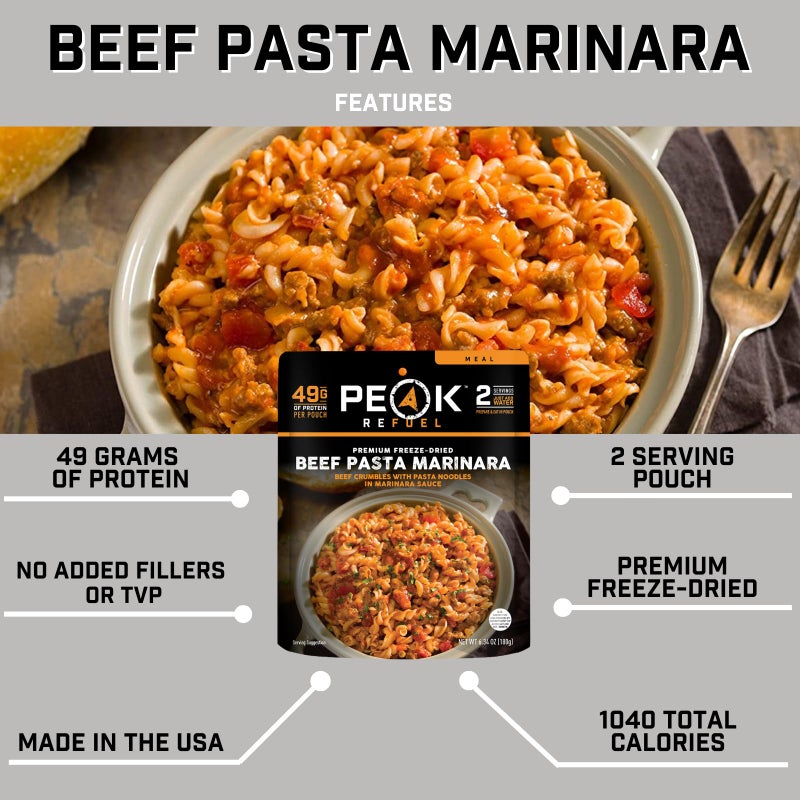 Peak Refuel Beef Pasta Marinara | 49g Protein | 1040 Calories | 100% Real Meat | Premium Freeze Dried Backpacking & Camping Food | 2 Servings | Ideal MRE Survival Meal (2 Serving Pouch) - Image 2