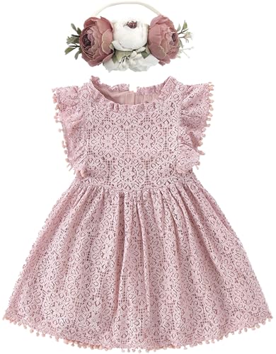BGFKS Baby Girl Tutu Dress Elegant Lace Pom Pom Flutter Sleeve with Flower Headband Set(Dusty Rose,2T) - Image 1