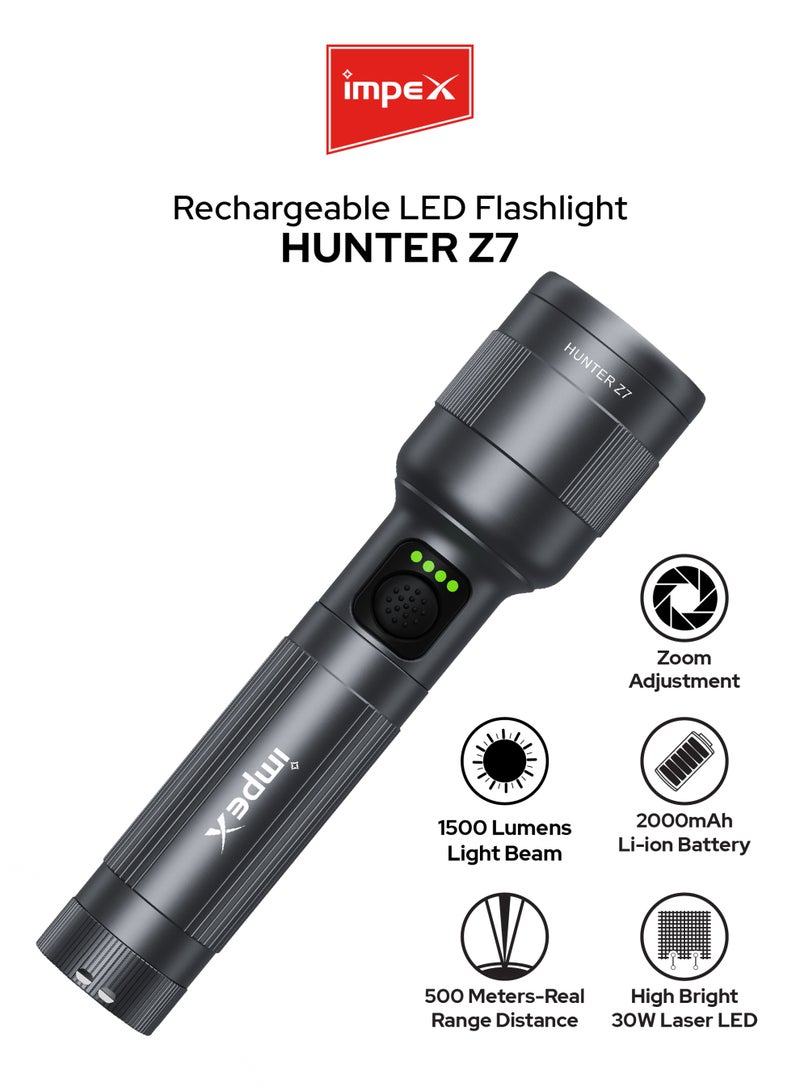 Impex Rechargeable Zoomable Focus LED Flashlight 30W 2000mAh – 1500 Lumens, 500m Long Beam, White Laser LED, Rotatable Aluminum Head, IPX5 Waterproof, Type-C Fast Charging – Hunter Z7 – Black – 2 Years Warranty - HUNTER Z7 - Black  - Image 1