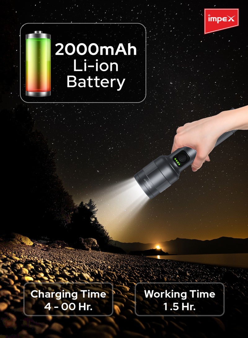 Impex Rechargeable Zoomable Focus LED Flashlight 30W 2000mAh – 1500 Lumens, 500m Long Beam, White Laser LED, Rotatable Aluminum Head, IPX5 Waterproof, Type-C Fast Charging – Hunter Z7 – Black – 2 Years Warranty - HUNTER Z7 - Black  - Image 3