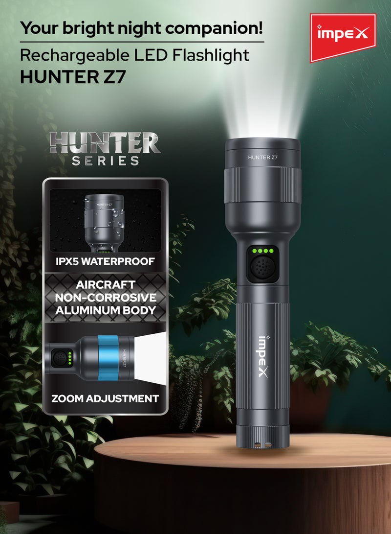 Impex Rechargeable Zoomable Focus LED Flashlight 30W 2000mAh – 1500 Lumens, 500m Long Beam, White Laser LED, Rotatable Aluminum Head, IPX5 Waterproof, Type-C Fast Charging – Hunter Z7 – Black – 2 Years Warranty - HUNTER Z7 - Black  - Image 2