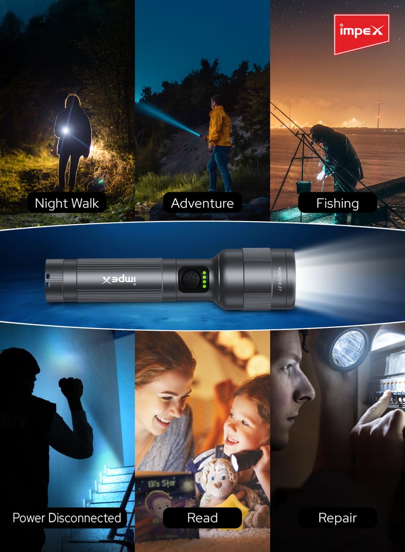Impex Rechargeable Zoomable Focus LED Flashlight 30W 2000mAh – 1500 Lumens, 500m Long Beam, White Laser LED, Rotatable Aluminum Head, IPX5 Waterproof, Type-C Fast Charging – Hunter Z7 – Black – 2 Years Warranty - HUNTER Z7 - Black  - Image 5