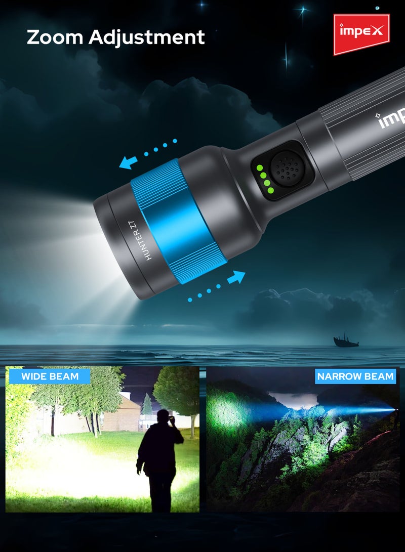 Impex Rechargeable Zoomable Focus LED Flashlight 30W 2000mAh – 1500 Lumens, 500m Long Beam, White Laser LED, Rotatable Aluminum Head, IPX5 Waterproof, Type-C Fast Charging – Hunter Z7 – Black – 2 Years Warranty - HUNTER Z7 - Black  - Image 4