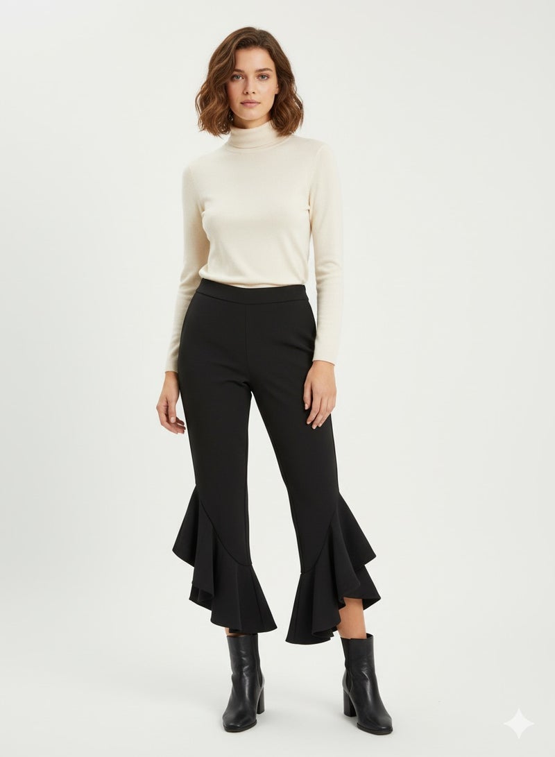 Women black flare ruffles pants lycra