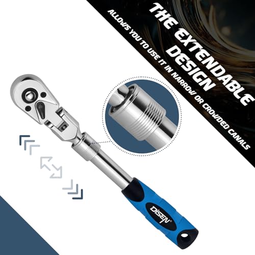 DISEN 3-Piece Extendable Flex-Head Ratchet Wrench Set with EVA Storage Case - 1/4", 3/8", 1/2" Drive, 72-Tooth, Rubber Grip, Adjustable Length - Professional Automotive and DIY Tools - Image 5