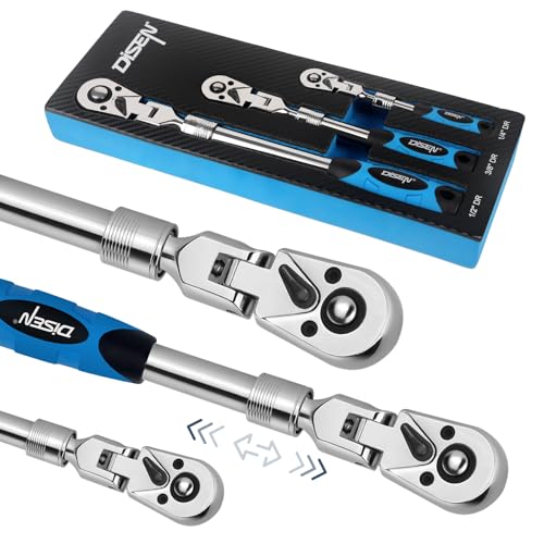 DISEN 3-Piece Extendable Flex-Head Ratchet Wrench Set with EVA Storage Case - 1/4", 3/8", 1/2" Drive, 72-Tooth, Rubber Grip, Adjustable Length - Professional Automotive and DIY Tools - Image 1