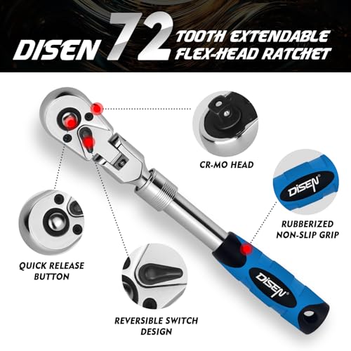 DISEN 3-Piece Extendable Flex-Head Ratchet Wrench Set with EVA Storage Case - 1/4", 3/8", 1/2" Drive, 72-Tooth, Rubber Grip, Adjustable Length - Professional Automotive and DIY Tools - Image 2