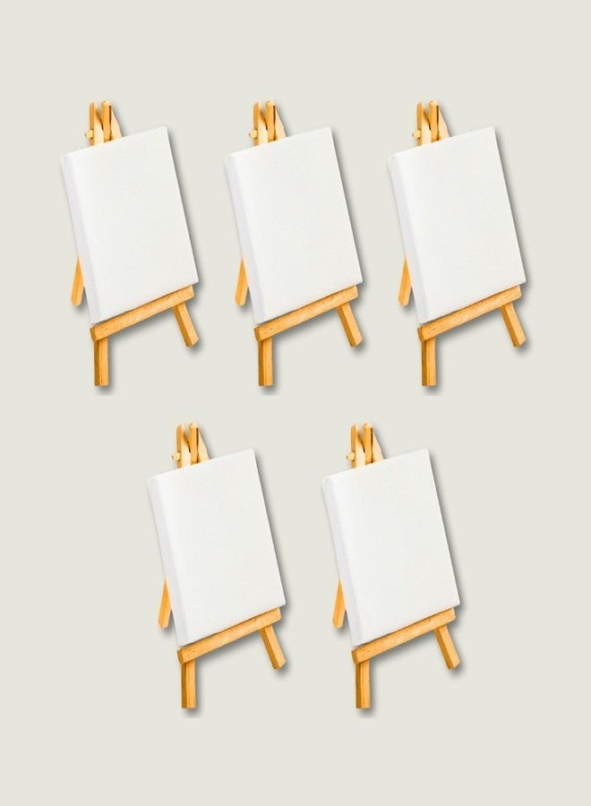 KITSTERS Pack of 5 Mini Canvas and Wooden Easel Set, Pre-Primed for Painting, Art Display Stand (5)