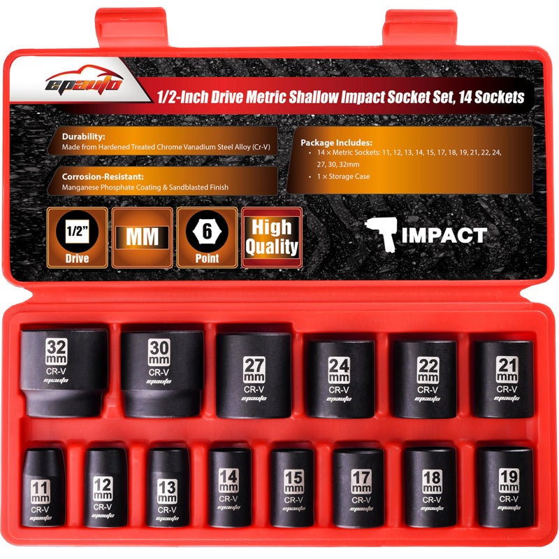 EPAuto 1/2-Inch Drive Metric Shallow Impact Socket Set, Cr-V, 6-Point, 14 Sockets - Image 1
