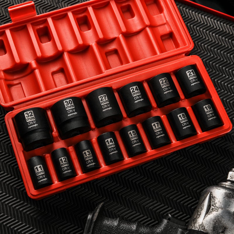 EPAuto 1/2-Inch Drive Metric Shallow Impact Socket Set, Cr-V, 6-Point, 14 Sockets - Image 3