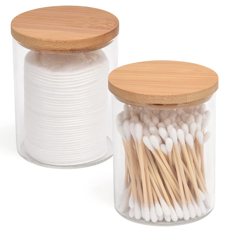 BKYFPQ BKYFPQ 2 Pack Glass Qtip Holder Dispenser Set  Apothecary Jars With Lids  Vanity Makeup Organizer and Bathroom Canister Storage for Cotton Ball Swab Round Pads Floss 