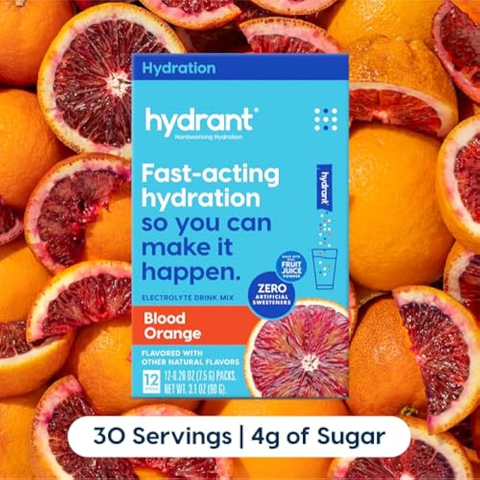 Hydrant - Hydration Powder, Blood Orange Flavor, 12 Individual Instant Electrolyte Rehydration Packets - Low Sugar Drink Mix for Daily Use, Travel & Workouts - Image 2