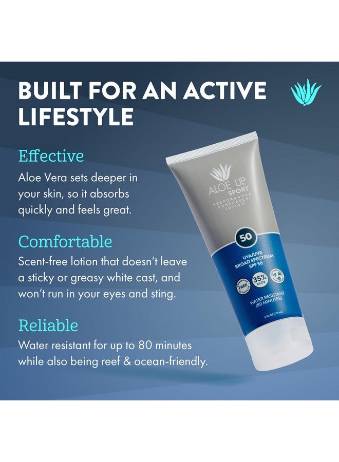 Aloe Up Sport Sunscreen Lotion Spf 50 Broad Spectrum Uva/Uvb Sunscreen Protector For Face And Body With Hydrating Aloe Vera Gel Nongreasy No White Cast Reef Safe Fragrancefree 6 Oz. - Image 2