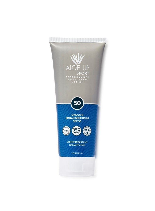 Aloe Up Sport Sunscreen Lotion Spf 50 Broad Spectrum Uva/Uvb Sunscreen Protector For Face And Body With Hydrating Aloe Vera Gel Nongreasy No White Cast Reef Safe Fragrancefree 6 Oz. - Image 1