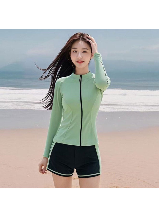 Women's Conservative 2-Piece Swimsuit Long Sleeve Zip-Up Sun Protection Top and Shorts in Green - Image 1