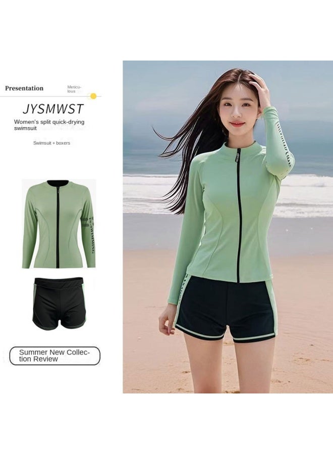 Women's Conservative 2-Piece Swimsuit Long Sleeve Zip-Up Sun Protection Top and Shorts in Green - Image 2