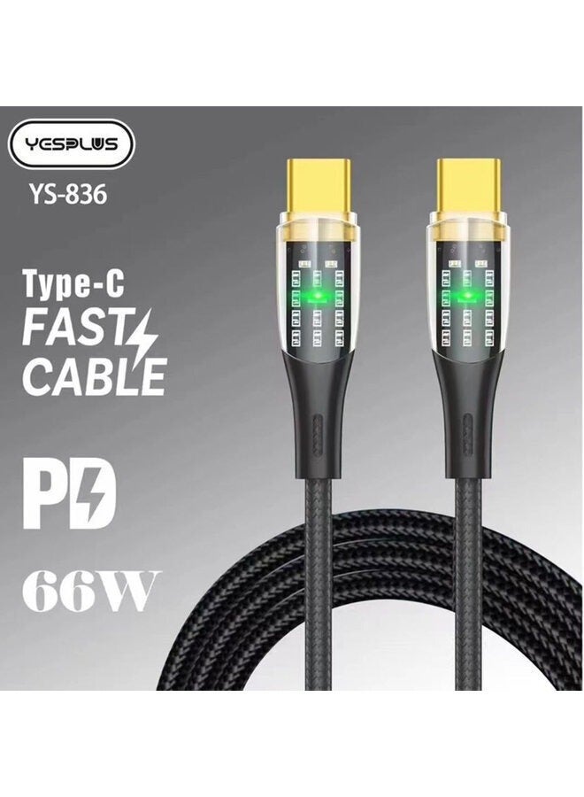 يس بلس كابل الشحن السريع Yesplus YS-836 بقوة 66 واط من النوع C إلى النوع C - مزود بشاشة LED - Image 2