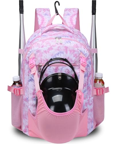 FOKDUVB Baseball Softball Backpack for Kids Boys Girls 68 812 1214 Large Youth Bat Bag for Gear Storage Baseball Softball Tball Equipment Back Pack with Separate Shoe Bag PinkWhite TieDye - Image 1