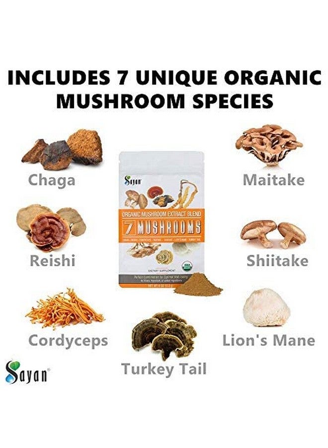 sayan 7 Mushrooms Usda Organic Extract Powder Blend Supplement 4 Oz / 113G Chaga Reishi Cordyceps Maitake Shiitake Lion Mane And Turkey Tail No Fillers Add To Coffee Or Tea Fruiting Body - Image 3