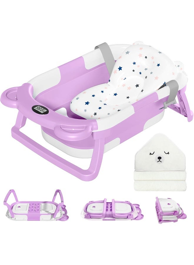 MoreFeel Collapsible Baby Bathtub for Newborn with Thermometer & 1 Hooded Towel & 1 Soft Floating Cushion - Image 1