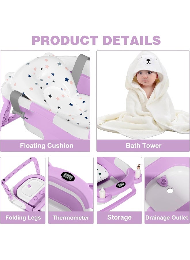 MoreFeel Collapsible Baby Bathtub for Newborn with Thermometer & 1 Hooded Towel & 1 Soft Floating Cushion - Image 4