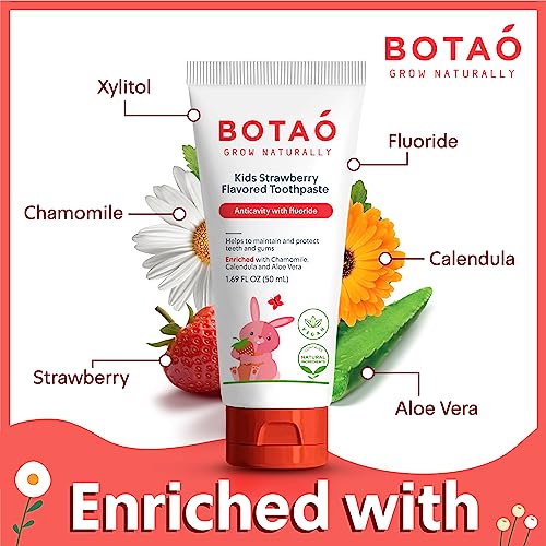 Botao Kids Natural Strawberry Flavored Anticavity Fluoride Toothpaste Maximum Cavity Protection Cleans Children’s Teeth Protects Gums Chamomile Aloe Vera Calendula Xylitol for Ages 2 and Up - Image 4