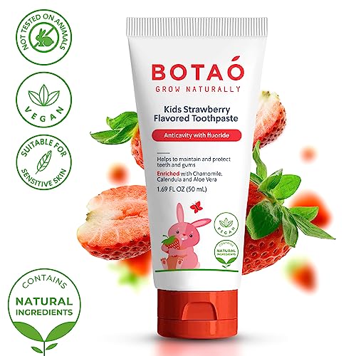 Botao Kids Natural Strawberry Flavored Anticavity Fluoride Toothpaste Maximum Cavity Protection Cleans Children’s Teeth Protects Gums Chamomile Aloe Vera Calendula Xylitol for Ages 2 and Up - Image 3